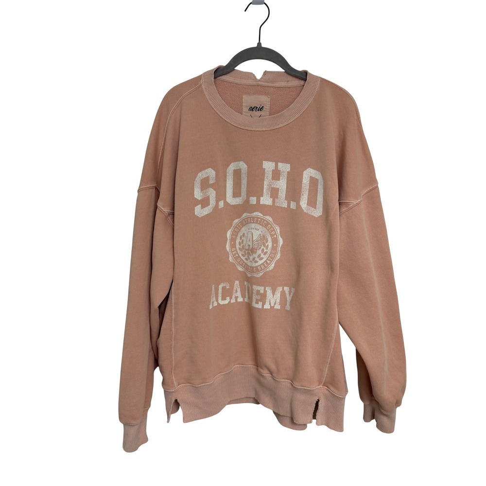Aerie S.O.H.O. Academy Oversized Sweatshirt Peach Pink Distressed French Terry M